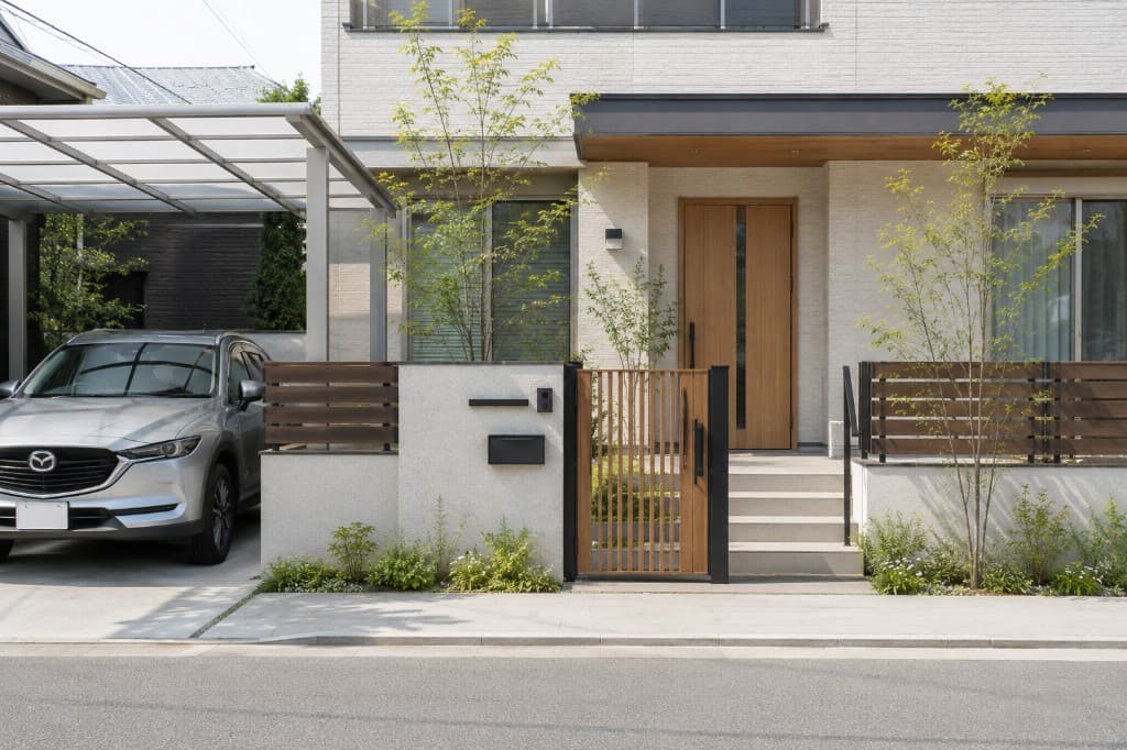 外構工事の施工イメージ（カーポート・門扉・フェンスのある住宅外観）