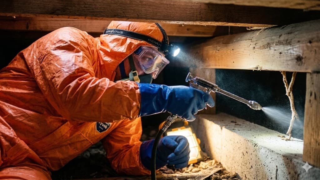 防護服を着た作業員が床下空間で薬剤散布機を使い、木部にシロアリ防蟻処理を行っている写真